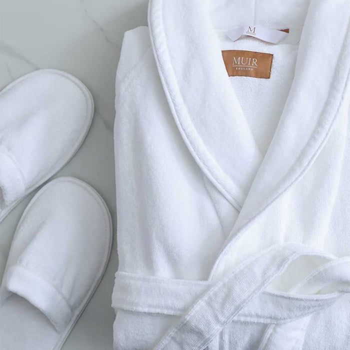 Empire Velour White / White Bath robe and slippers with a visible brand label MUIR on a light background