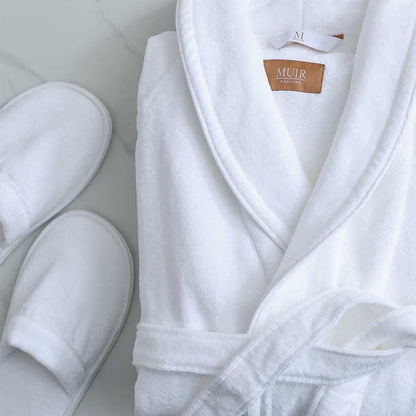 Empire Velour White / White Bath robe and slippers with a visible brand label MUIR on a light background