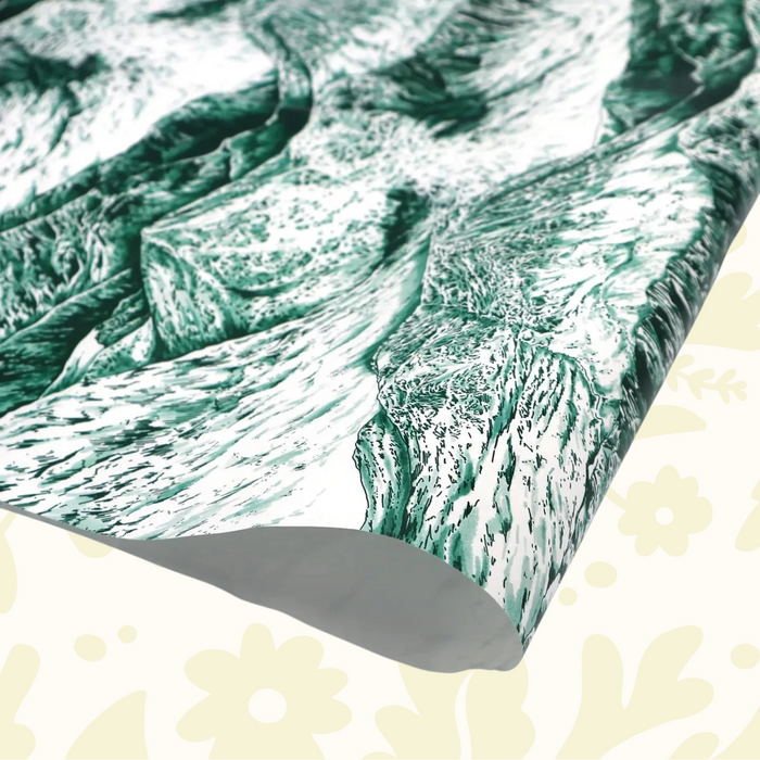 Forager Provisions LTD gift wrapping paper featuring a detailed green and white landscape illustration