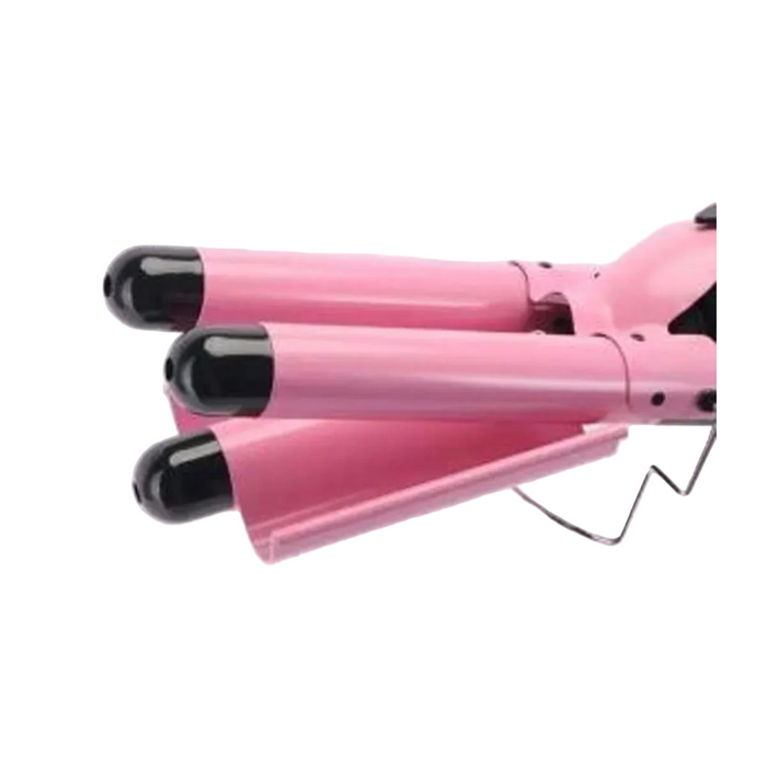 Pink hair curler with black ends on a light purple background