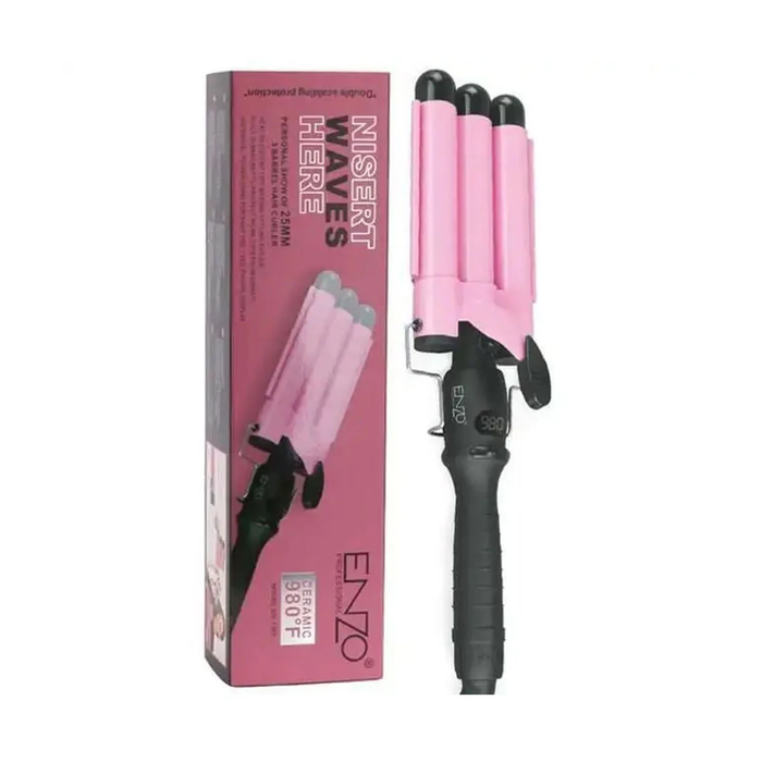 Pink and black hair curler with packaging on a white background