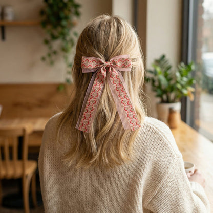 A person with long blonde hair, styled half up with The Darling Effect’s Everbloom Dusty Rose Lovely Layered Hair Bow, sits at a wooden café table holding a cup, with green plants and large windows in the background.