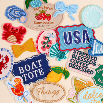 The Darling Effect’s “Stressed, Blessed, & Coffee Obsessed” Mix & Match Iron-On Patch adds unique flair to your gear—perfect for customizing with fun embroidered designs in a snap.