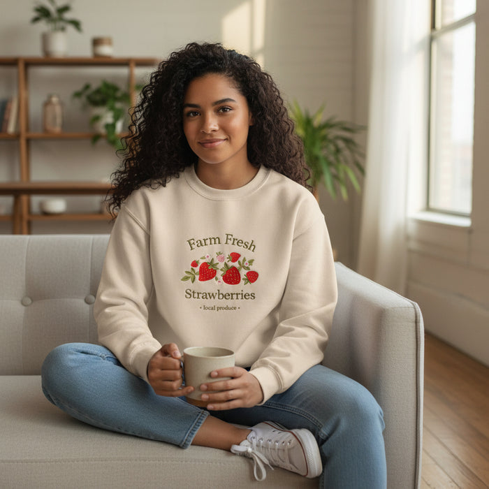 A woman with curly hair sits on a sofa, smiling as she holds a mug. She wears The Darling Effect’s Farm Fresh Strawberries Signature Crew—a cream sweatshirt with red strawberry prints, designed for all-day comfort and classic style.