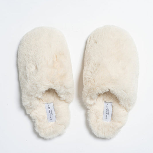 Faux Fur Mule Slippers - Cream