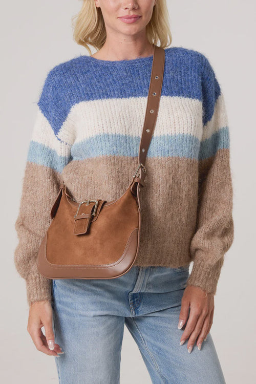 Faux Suede Buckle Shoulder Bag - Brown