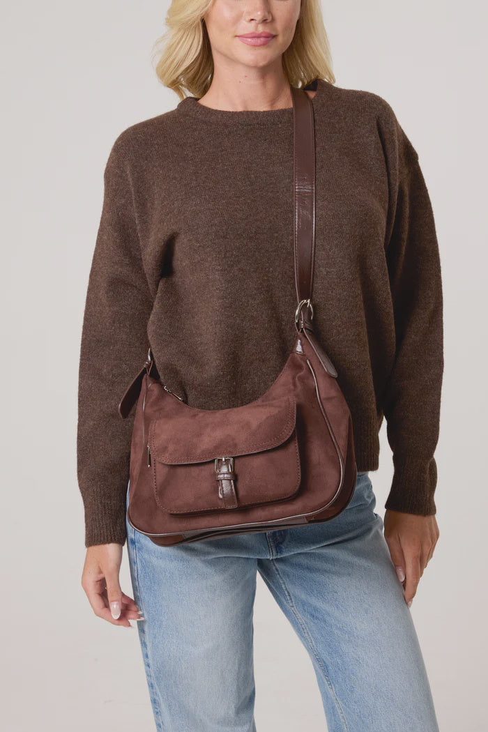 Faux Suede Pocket Shoulder Bag- Chocolate