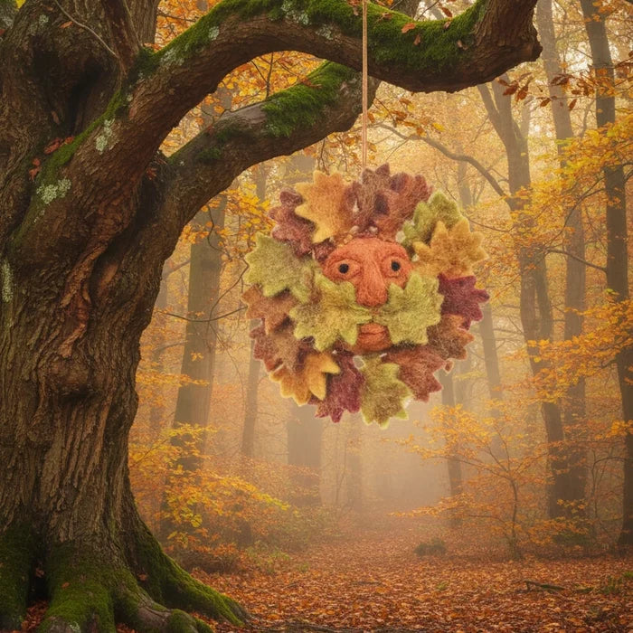 Felt So Good Autumnal Green Man Hanging Decoration with brown, green, yellow leafy felt face—unique fall home or Halloween decor.