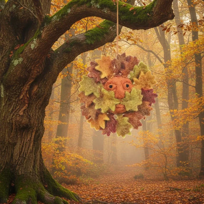 Felt So Good Autumnal Green Man Hanging Decoration with brown, green, yellow leafy felt face—unique fall home or Halloween decor.