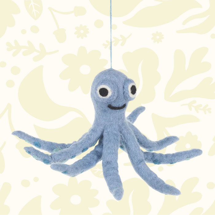 Forager Provisions LTD handmade blue wool felt Ollie the Octopus hanging decoration with wiggly tentacles.