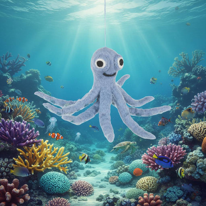 Forager Provisions LTD handmade blue wool felt octopus hanging decoration with eight tentacles in an underwater scene