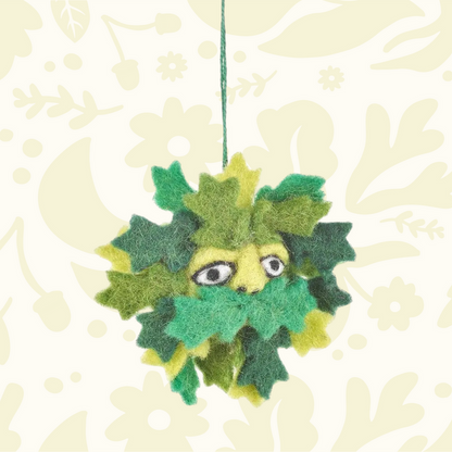 Forager Provisions LTD handmade felt Green Man hanging decoration with layered green wool leaves and a hanging loop.