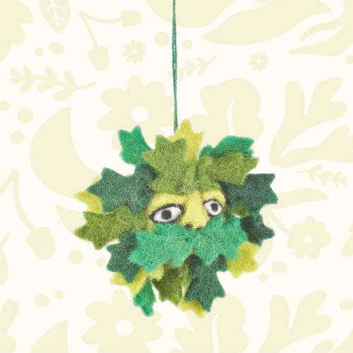Forager Provisions LTD handmade felt Green Man hanging decoration with layered green wool leaves and a hanging loop.