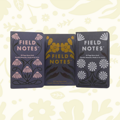 Forager Provisions LTD Field Notes Fall Flowers 2025 edition 3-pack of pocket memo books with floral cover designs.