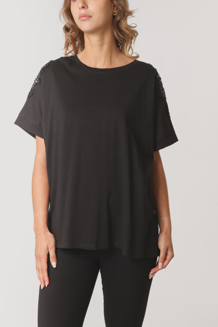 Floral Embellished Sleeve T-Shirt - Black