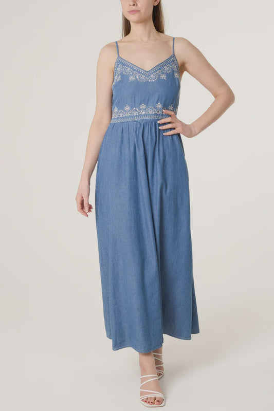 Floral Embroidery Strappy Denim Dress