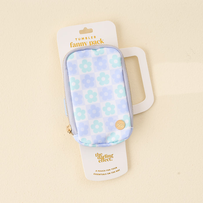 The Darling Effect Flower Check Blue Tumbler Fanny Pack features a blue and white checkered floral design and zippered closure—ideal for keeping your essentials water resistant and easily accessible.