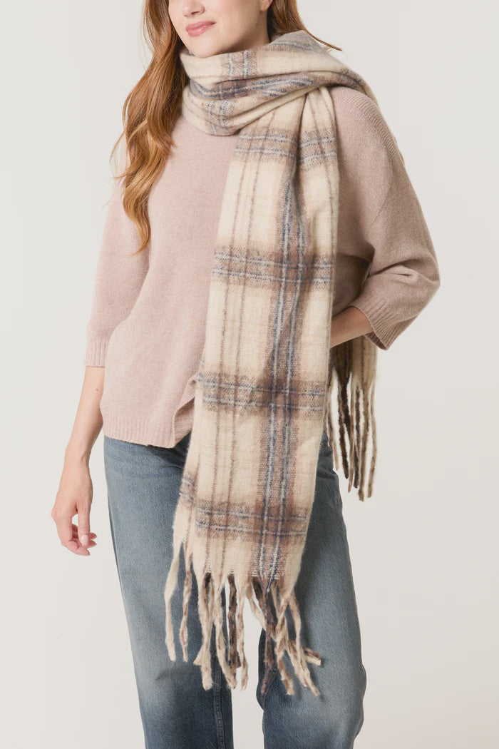 Fluffy Knit Tartan Tassel Scarf - Cream