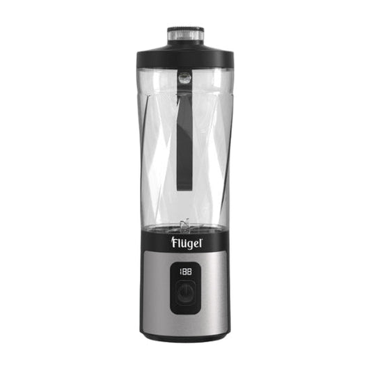Clear blender with black accents on a white background