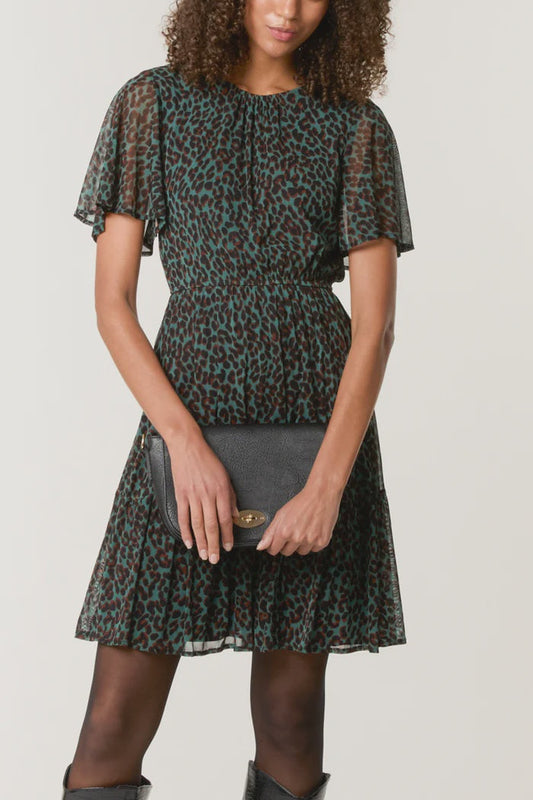 Flutter Sleeve Animal Print Dress - Khaki