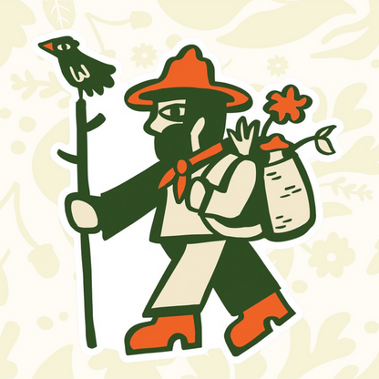 Forager Provisions LTD vinyl sticker featuring a stylized hiker with a bird on a staff in orange and forest green.