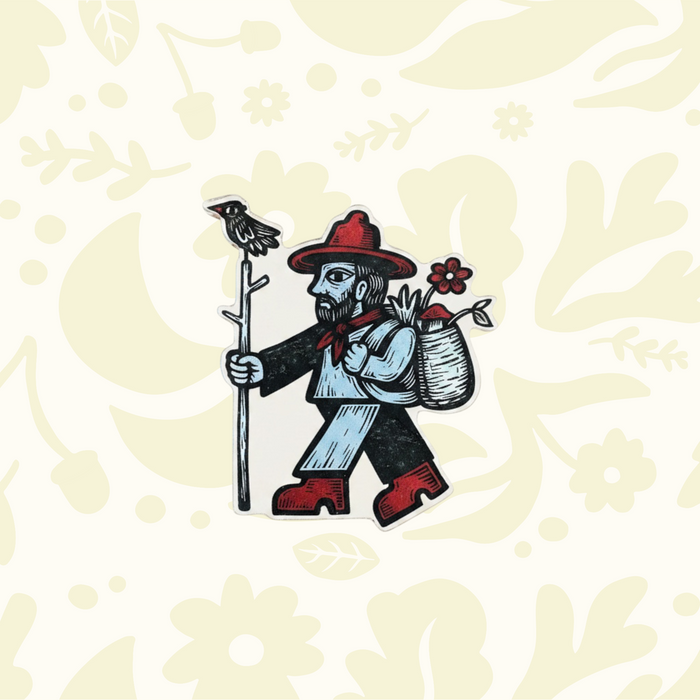 Forager Provisions LTD medieval acrylic magnet featuring a character with a staff, bird, and basket in folklore style.