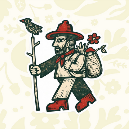 Forager Provisions LTD medieval-style vinyl sticker featuring a bearded traveler with a bird and backpack.