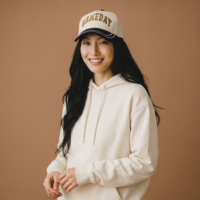 A smiling person with long black hair is wearing a cream hoodie and The Darling Effect’s Gameday Classic Canvas Hat, a white baseball cap featuring “GAMEDAY” on the front, while standing against a plain brown background. The relaxed fit of their outfit enhances their laid-back style.