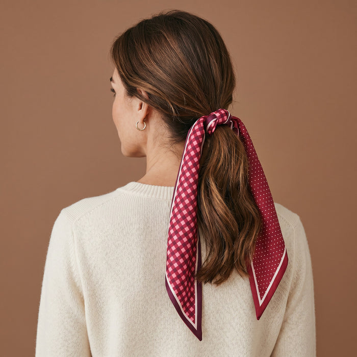 A woman with brown hair tied in a low ponytail, secured with The Darling Effect's Gingham Burgundy Twirl & Tie Scarf Accessory, wears a white sweater and gold hoop earring, set against a plain brown background.