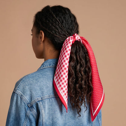 A person with curly hair, seen from behind, wears a denim jacket and has The Darling Effect’s Gingham Red Twirl & Tie Scarf Accessory—featuring white polka dots and a classic gingham pattern—tied around their ponytail, set against a plain beige background.