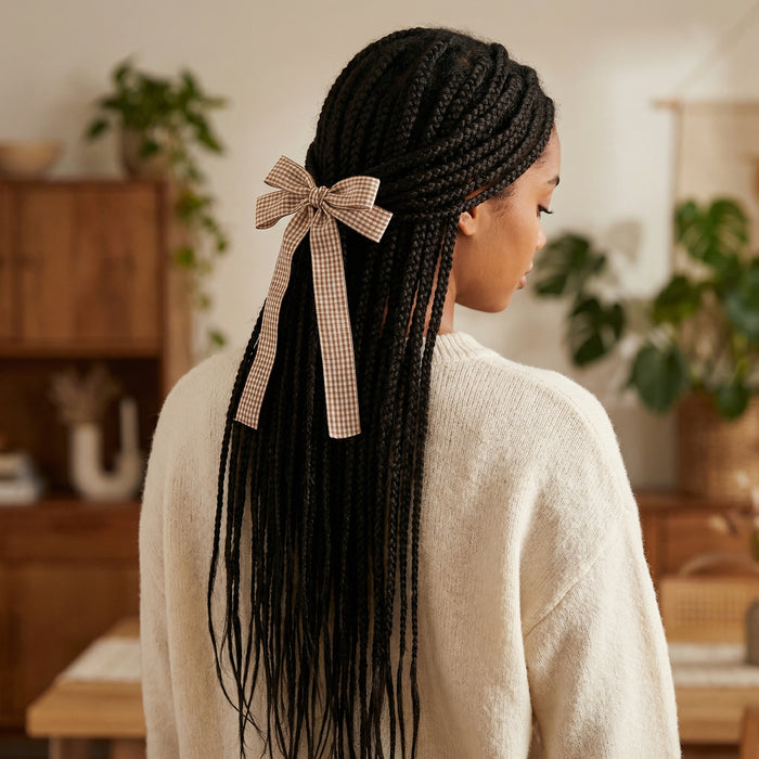 A person with long braids tied with The Darling Effect’s Gingham Tan Double Take Hair Bow stands indoors, wearing a cream sweater. Wooden furniture and green plants are visible in the background.