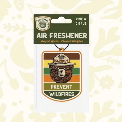 Forager Provisions LTD Smokey Bear hanging air freshener with pine and citrus scent and vintage forest graphic design