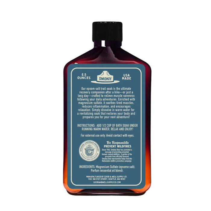 Forager Provisions LTD Good & Well Supply Co Smokey Bear bath soak bottle back label with ingredients and instructions.
