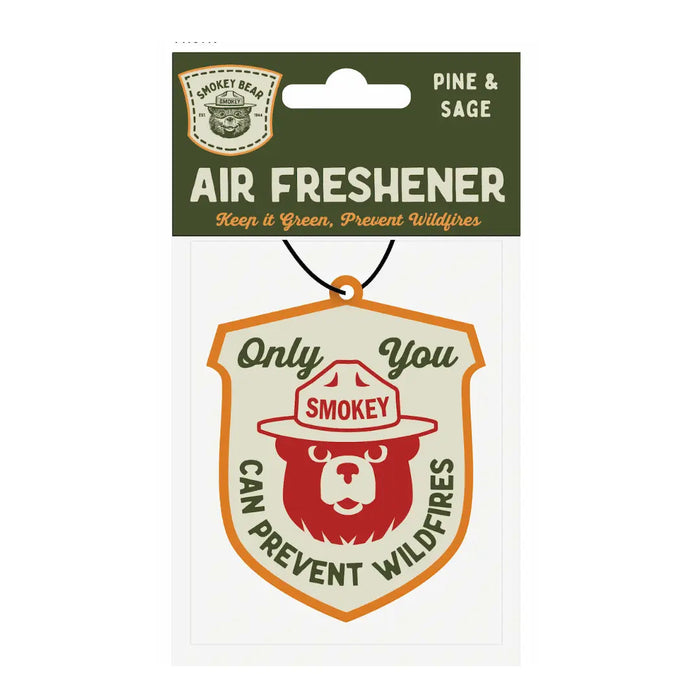 Smokey Bear Pine & Sage Air Freshener by Good & Well Supply Co, bear head shape, wildfire prevention message, car scent.