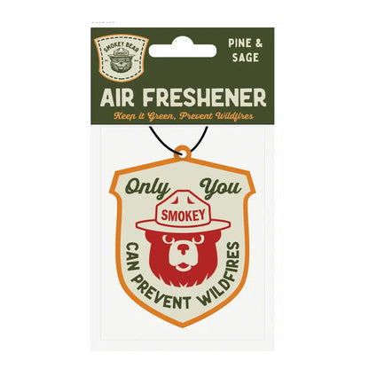 Smokey Bear Pine & Sage Air Freshener by Good & Well Supply Co, bear head shape, wildfire prevention message, car scent.