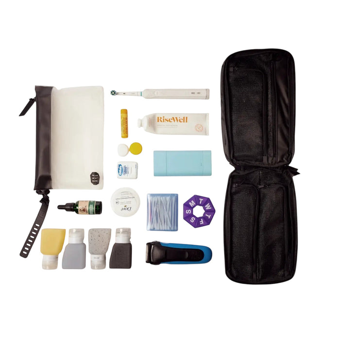 Forager Provisions LTD Gravel Outdoor Explorer Plus black toiletry bag laid open with organized travel accessories