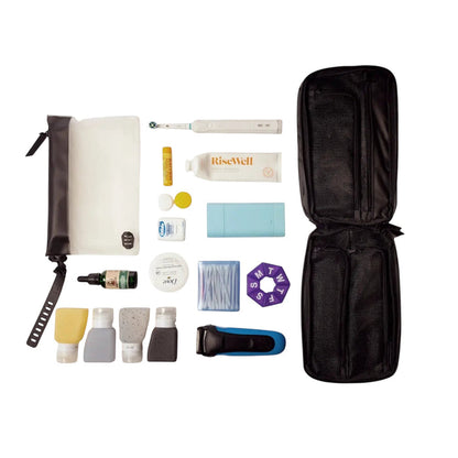 Forager Provisions LTD Gravel Outdoor Explorer Plus black toiletry bag laid open with organized travel accessories