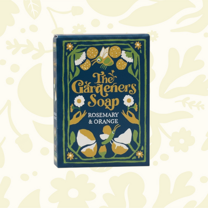 Forager Provisions LTD Growing Wilder rosemary and orange gardeners soap bar in a decorative blue illustrated box