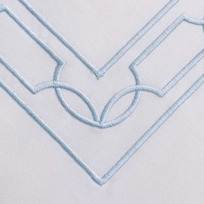 Close-up of Hamilton Light Blue Pillowcase on a light blue fabric