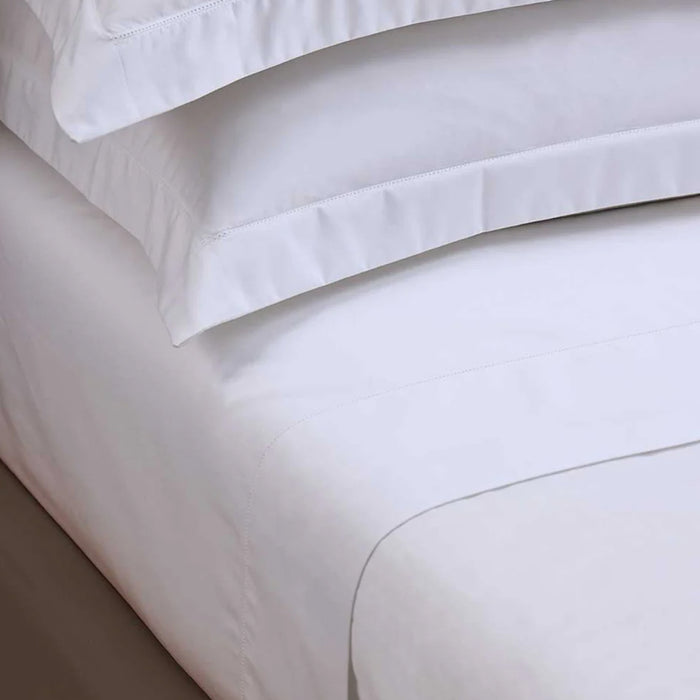 Close-up of Heirloom Picot Stitch White Flat Sheet on a neutral background
