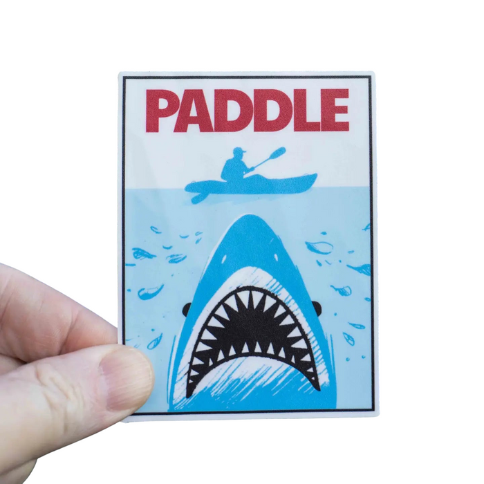 Forager Provisions LTD Hey Bear Outdoors Jaws sticker featuring a shark beneath a kayaker on a matte vinyl decal.