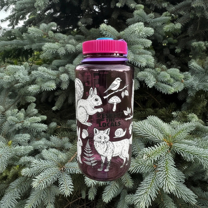 Forager Provisions LTD 32oz Nalgene water bottle in purple with white Respect The Locals wildlife graphic