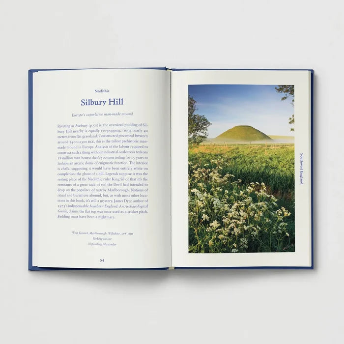 Hoxton Mini Press Ancient Britain book: Silbury Hill history, photo of wildflower-covered grassy hill, British heritage site.