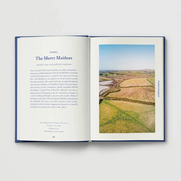 Open book “Ancient Britain For Modern Folk” by Hoxton Mini Press showing photos of scenic fields and historic stone circle.