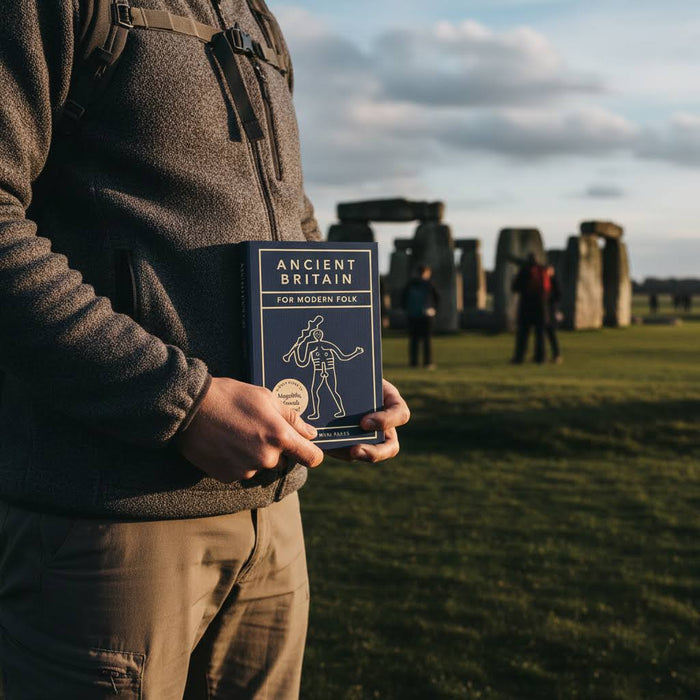 Visitor at Stonehenge holds Hoxton Mini Press Ancient Britain For Modern Folk book, with tourists exploring in background.