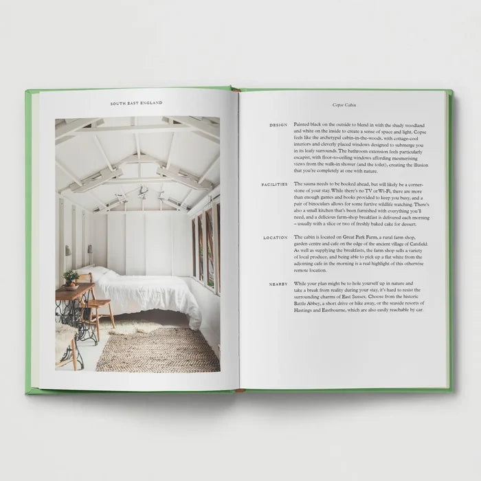 The Hoxton Mini Press British Cabins book shows a cozy white bedroom and highlights top UK hideaway cabins for getaways.