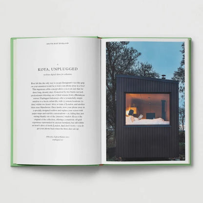 Hoxton Mini Press’s “British Cabins and Hideaways” open to text and modern black cabin photo, stylish UK getaway inspiration.
