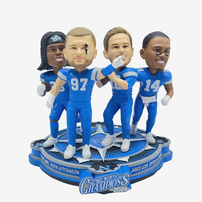 Jahmyr Gibbs, Aidan Hutchinson, Jared Goff & Amon-Ra St. Brown Detroit Lions 2024 NFC North Division Champions Mini Bobblehead Scene NFL Bobblehead