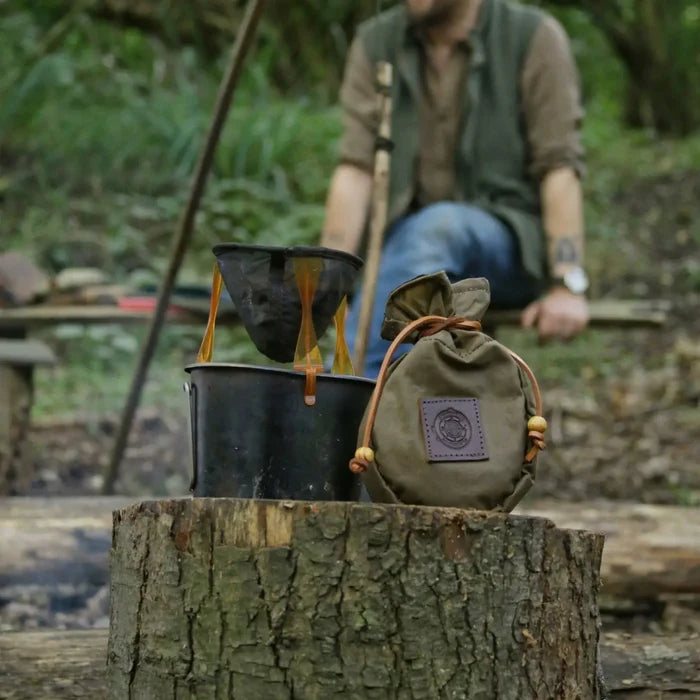 Khaki green waxed canvas coffee pouch by The Journeyman Craft—perfect for camping, outdoors, and coffee enthusiasts.