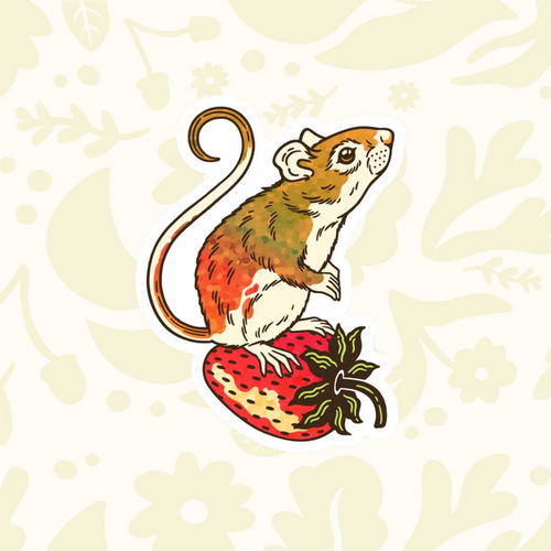Forager Provisions LTD Kate O’Hara strawberry mouse glitter vinyl sticker with whimsical woodland illustration